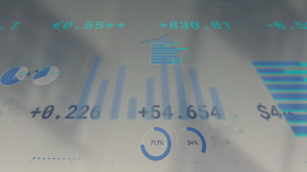 Financial data and statistics animation over blurred background with charts and percentages