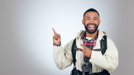 man, pointing and hiking, advertising travel