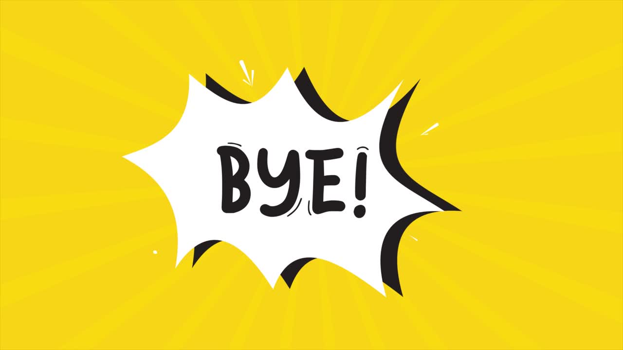 una animación de dibujos animados de tira cómica, con la palabra bye apareciendo. fondo amarillo y de medio tono, efecto de forma de estrella