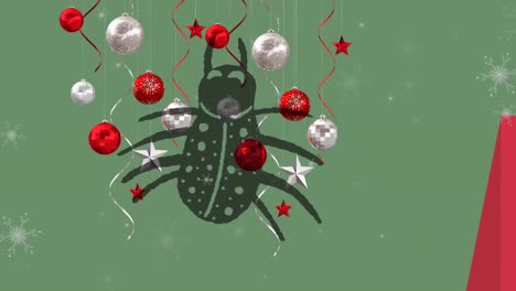 animación de arañas y bolas sobre la nieve que cae.