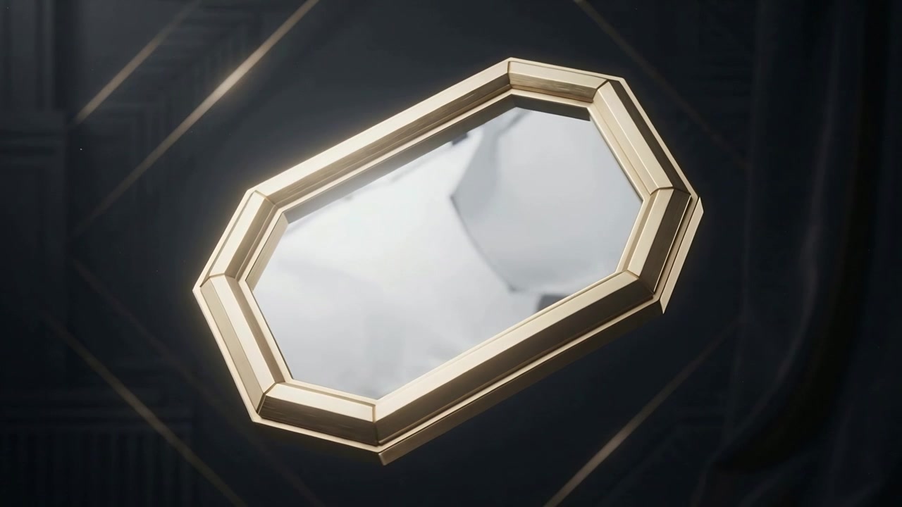 Starting rotating centered gold octagonal frame showing changing reflection in studio for showcase