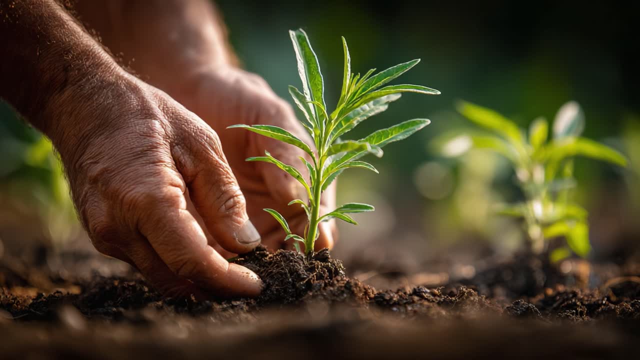 Una perspectiva en primer plano sobre la siembra: cultivando plántulas jóvenes con cuidado y precisión en un exuberante entorno de jardín