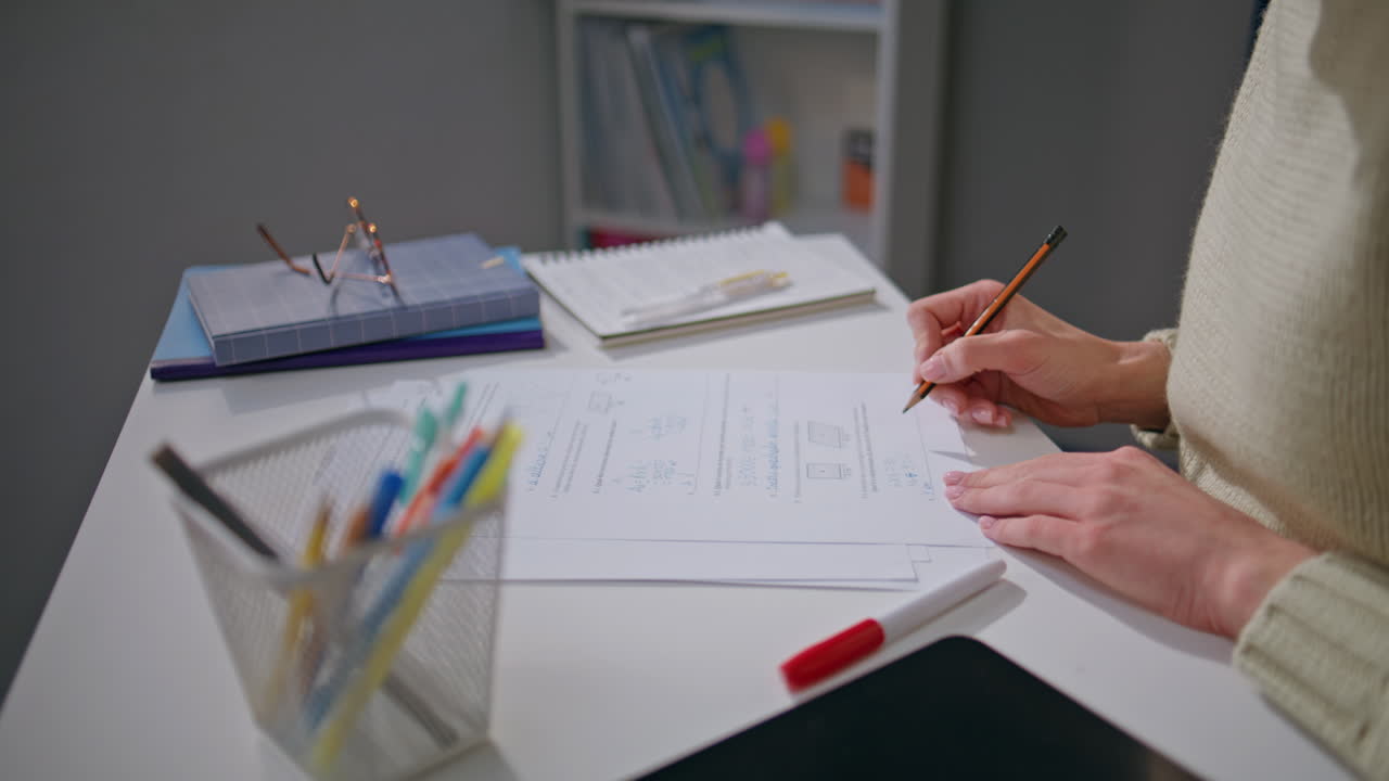Teacher hands checking homework at school workplace closeup. Woman working alone