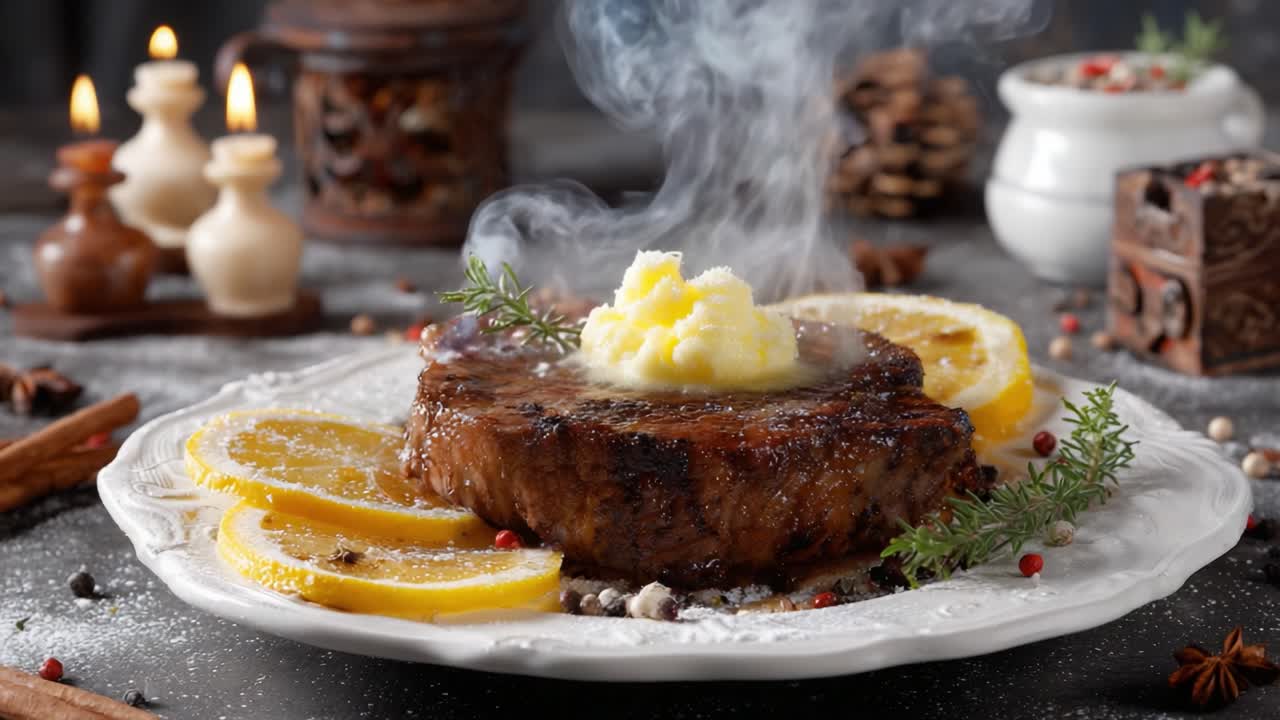 A Succulent Steak Dish Served with Zesty Lemon Slices and Creamy Butter, Surrounded by Aromatic Spices and Candlelight to Enhance the Dining Experience