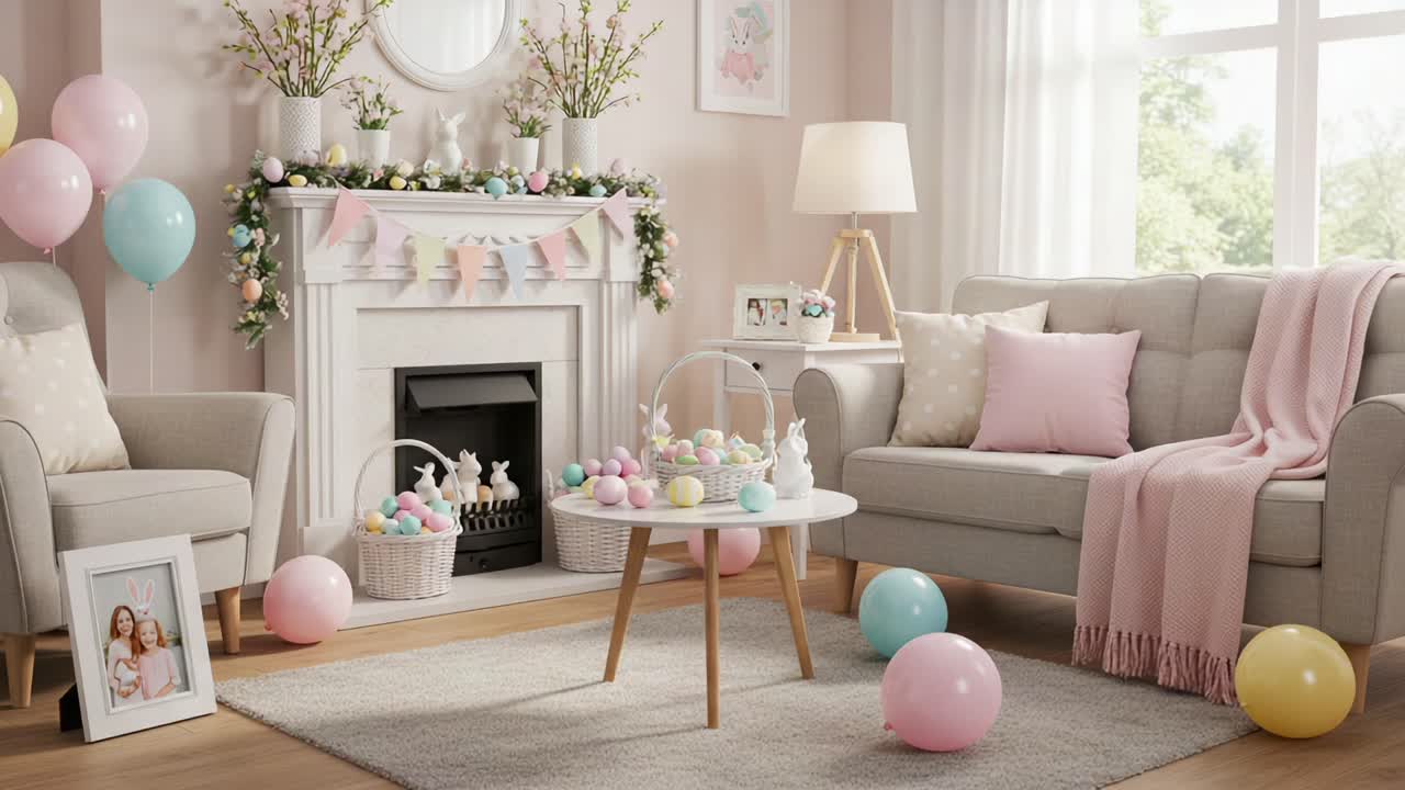Charming Spring Living Room Decorated for a Celebration with Soft Pastels, Colorful Eggs, and Festive Touches Creating a Welcoming Atmosphere