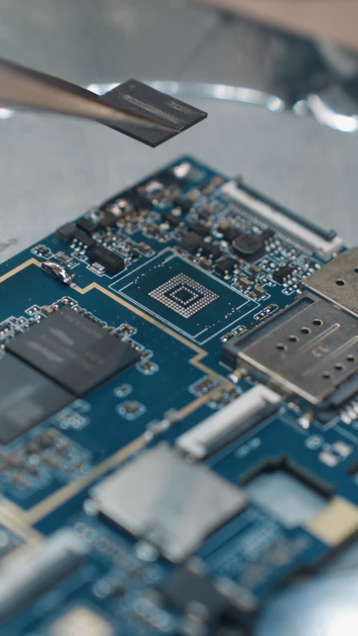 una vista de cerca de las manos con guantes de un técnico usando una herramienta de precisión para trabajar en una placa de circuitos bajo un microscopio para eliminar un chip