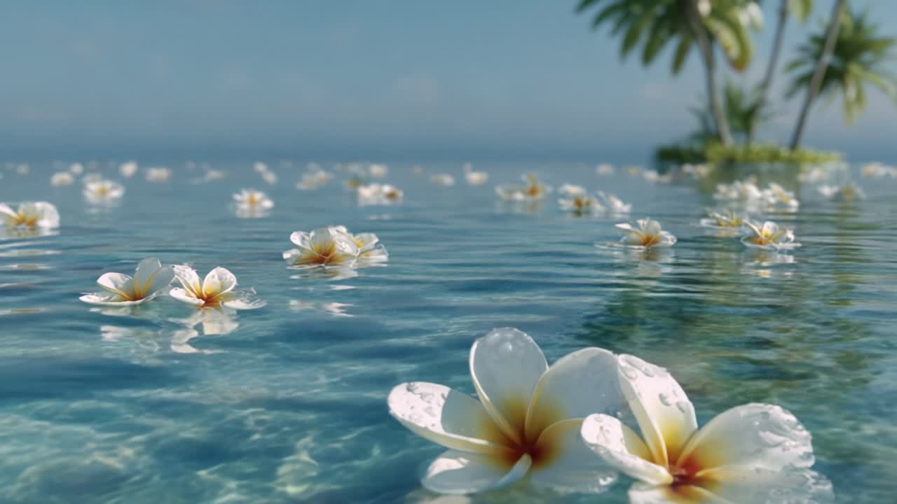 Un Sereno Paradiso Tropicale: Fiori che Galleggiano su Acque Cristalline Sotto un Cielo Azzurro Splendente Circondato da Palme Verdi Rigogliose e un'Atmosfera Tranquilla