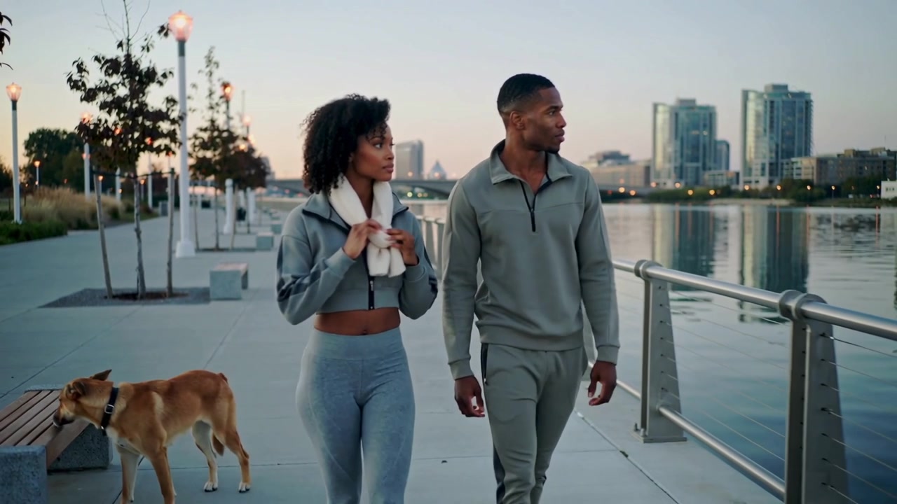 Exercising sporty couple moving toward camera at dusk, woman adjusting towel, man leaning railing