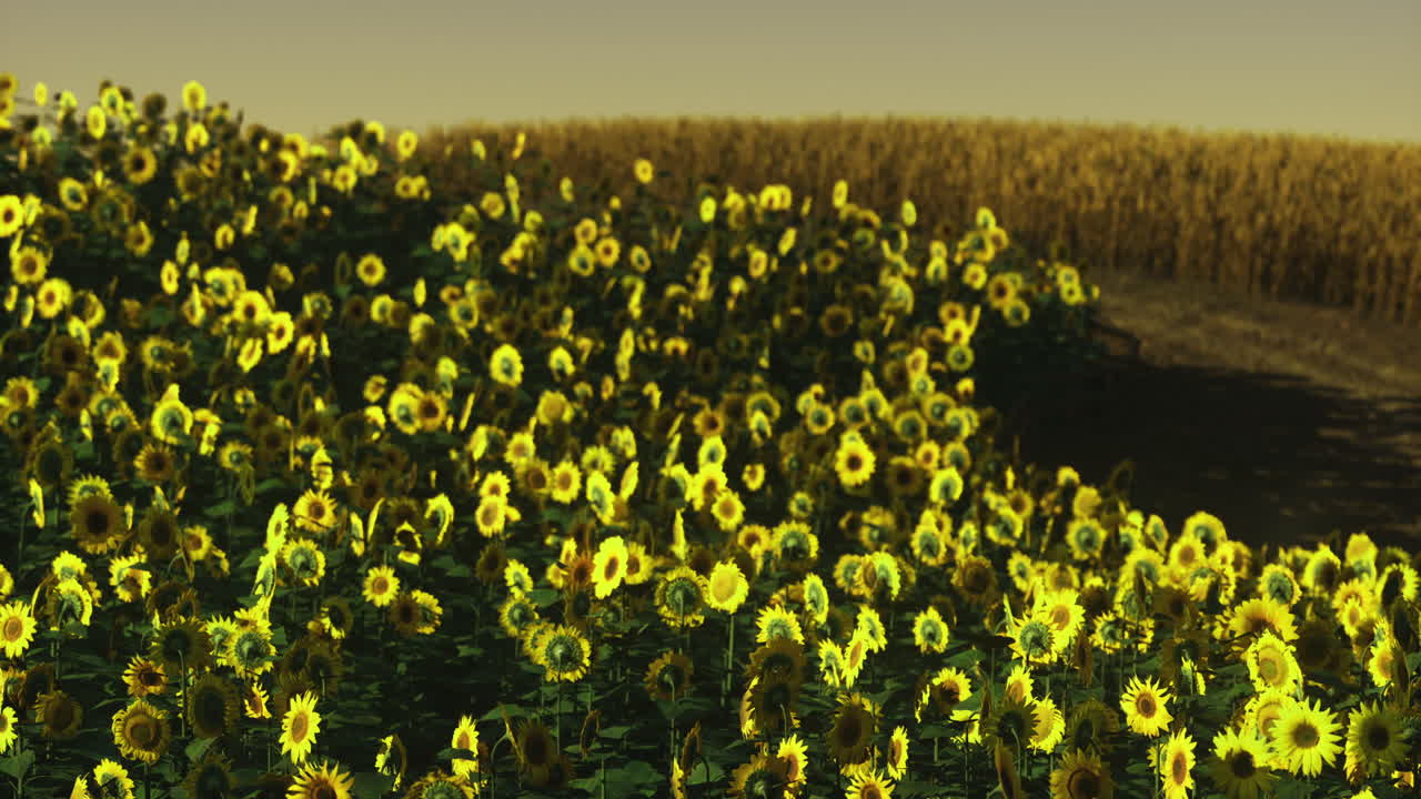 Sunflower field blooming under golden sunlight during late afternoon hours