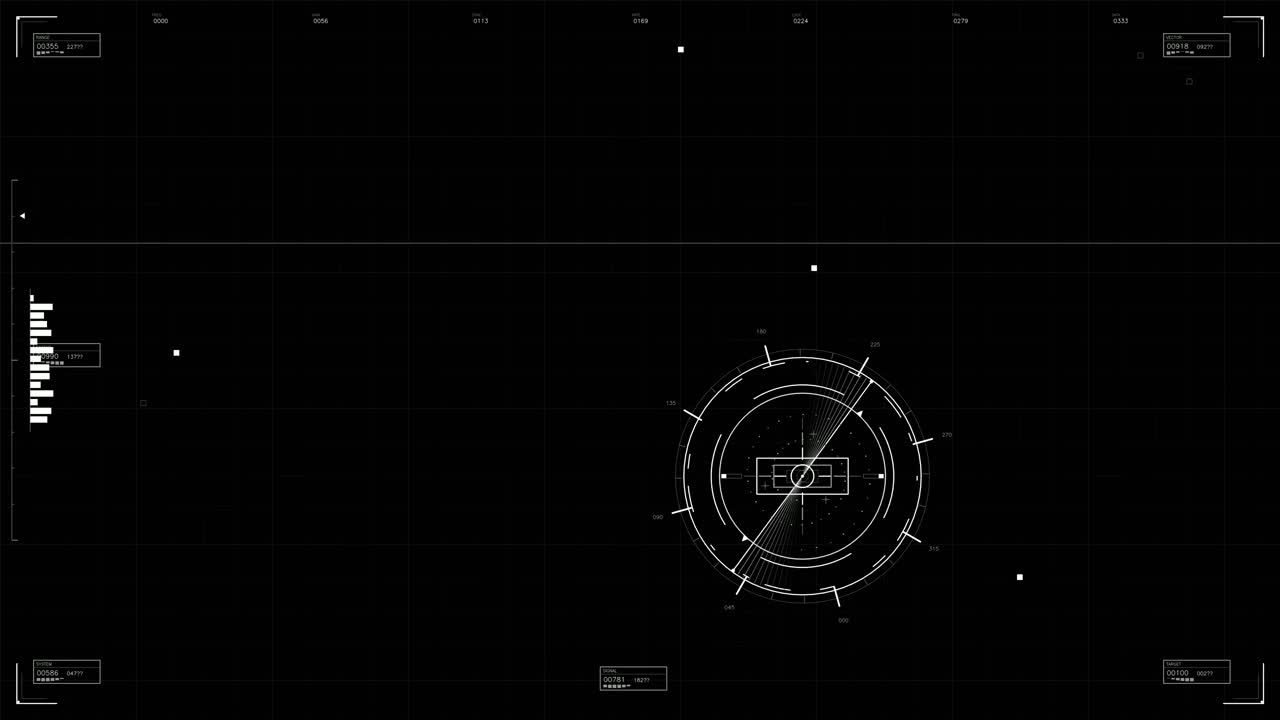 This footage presents a military graphical user interface designed for war scenarios. It features digital animations and HUD elements commonly seen in science fiction productions