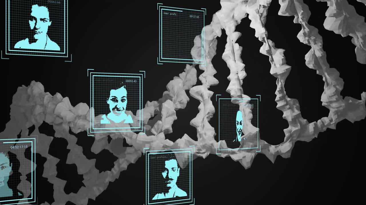animación de cadena de adn y reconocimiento facial sobre fondo negro