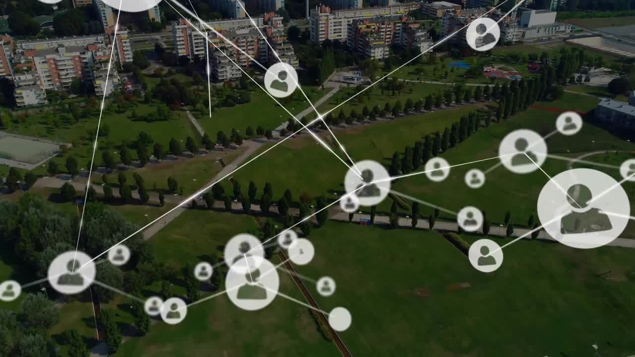 도시 풍경 위의 아이콘으로 연결된 네트워크의 애니메이션