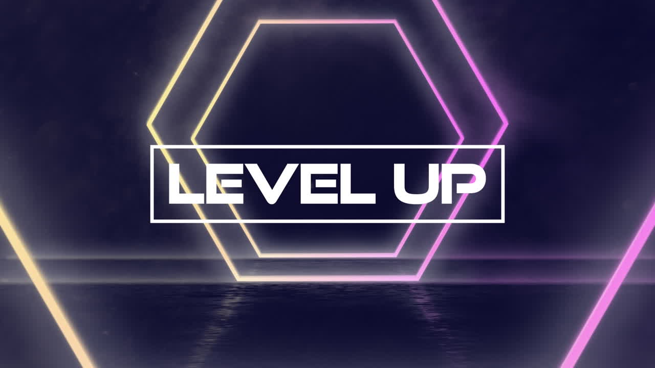 기하학적 움직이는 모양 위에 레벨 업 텍스트의 애니메이션