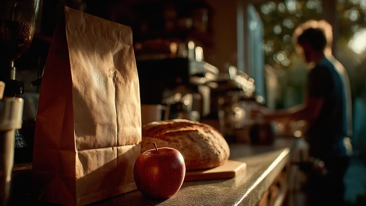 A Cozy Kitchen Scene with Sunlight Filtering Through, Featuring a Brown Paper Bag, Freshly Baked Bread on a Cutting Board, and a Bright Red Apple