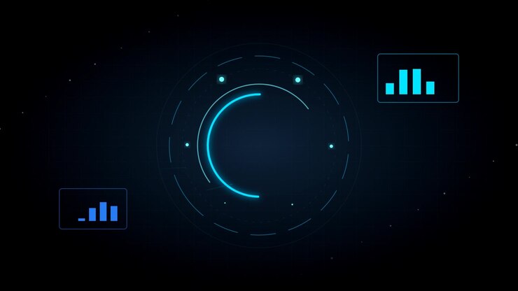 Interfaccia digitale futuristica con HUD circolare rotante e grafici dati