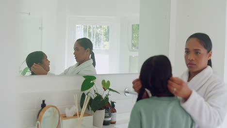 Hair-care,-bathroom-and-mother-grooming-child-as