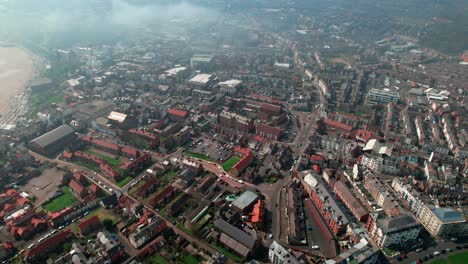 Scarborough-North-bay-coastal-town-aerial-view-above-rooftops-Yorkshire