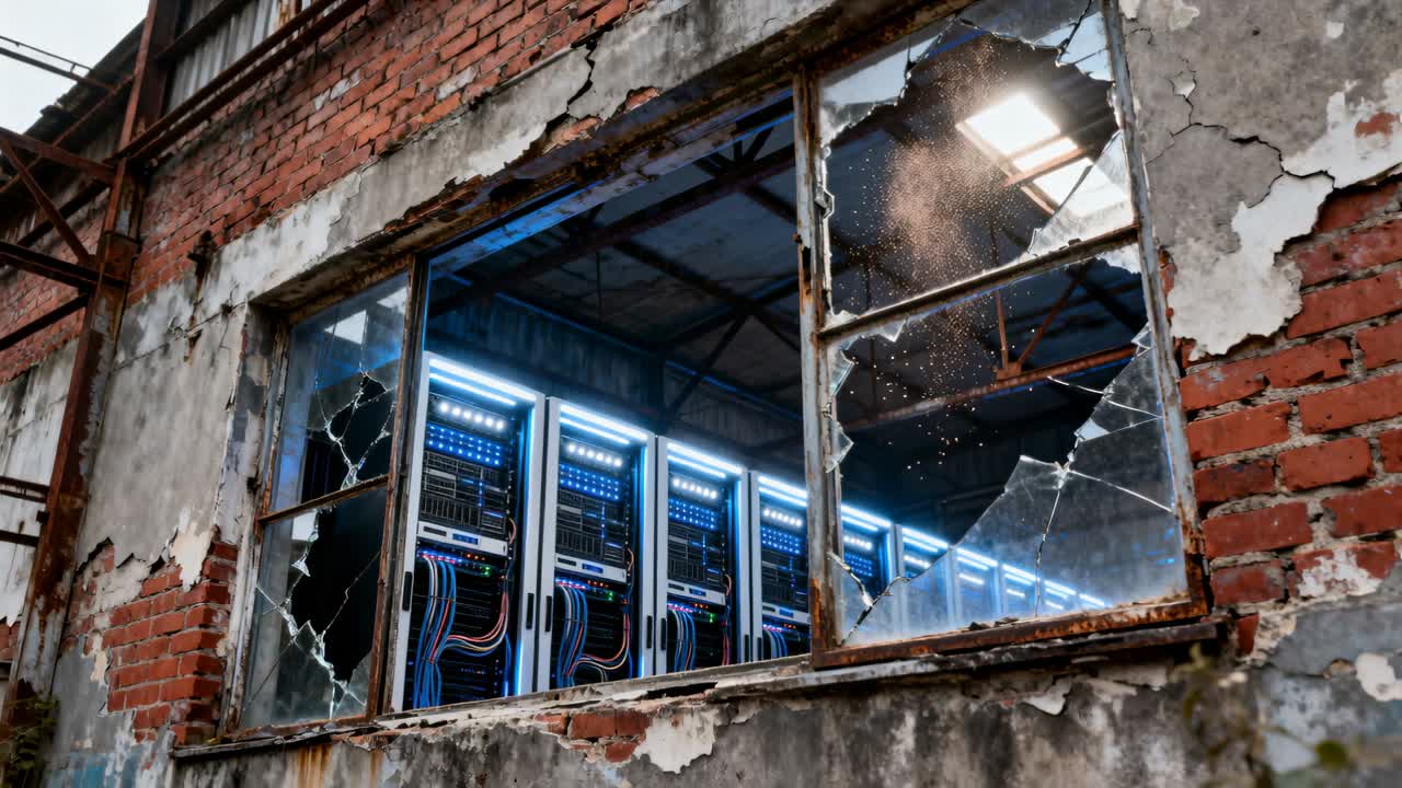 Servidores con LED azules pulsantes dentro de una estructura de ladrillo a través de una ventana rota, mientras la luz del techo muestra polvo.
