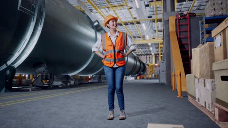 cuerpo lleno de ingeniera asiática que lleva casco de seguridad mirando a su alrededor mientras está de pie con los brazos akimbo en la fábrica de fabricación de tubos