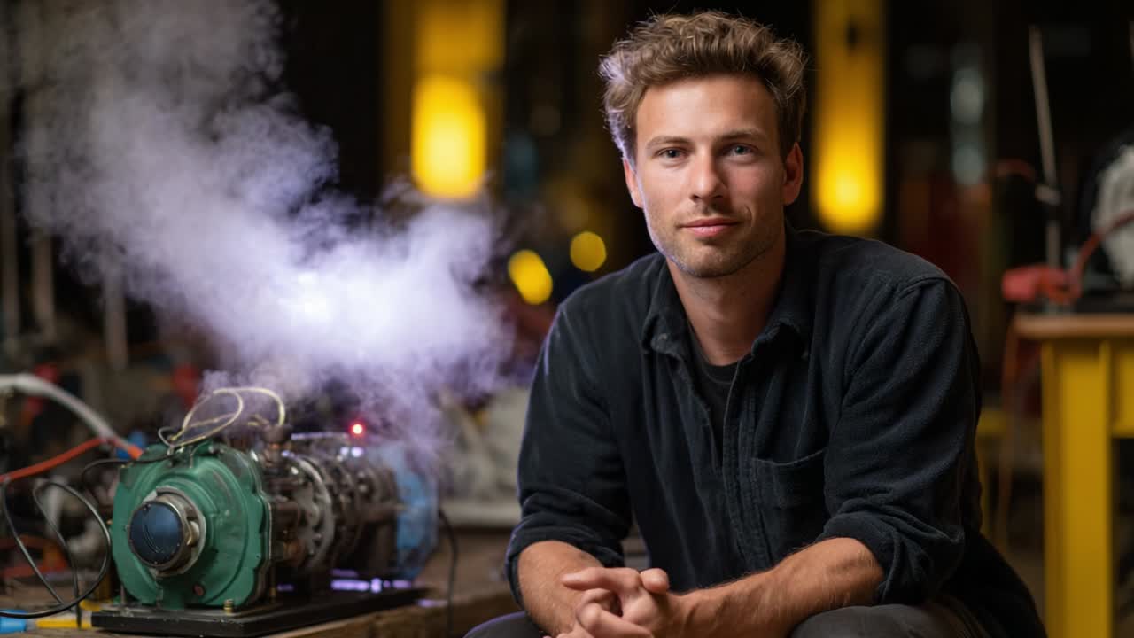 A focused individual showcases an innovative engine project in a laboratory setting, surrounded by intricate machinery and equipment, with steam and light effects highlighting the creativity and technological advances