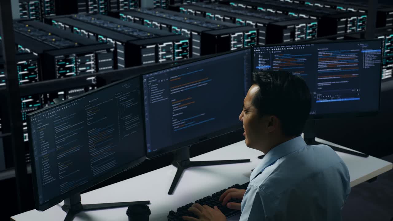 vista trasera de un hombre asiático cansado bostezando mientras trabajaba con un simulacro de varios monitores de computadora en el centro de datos