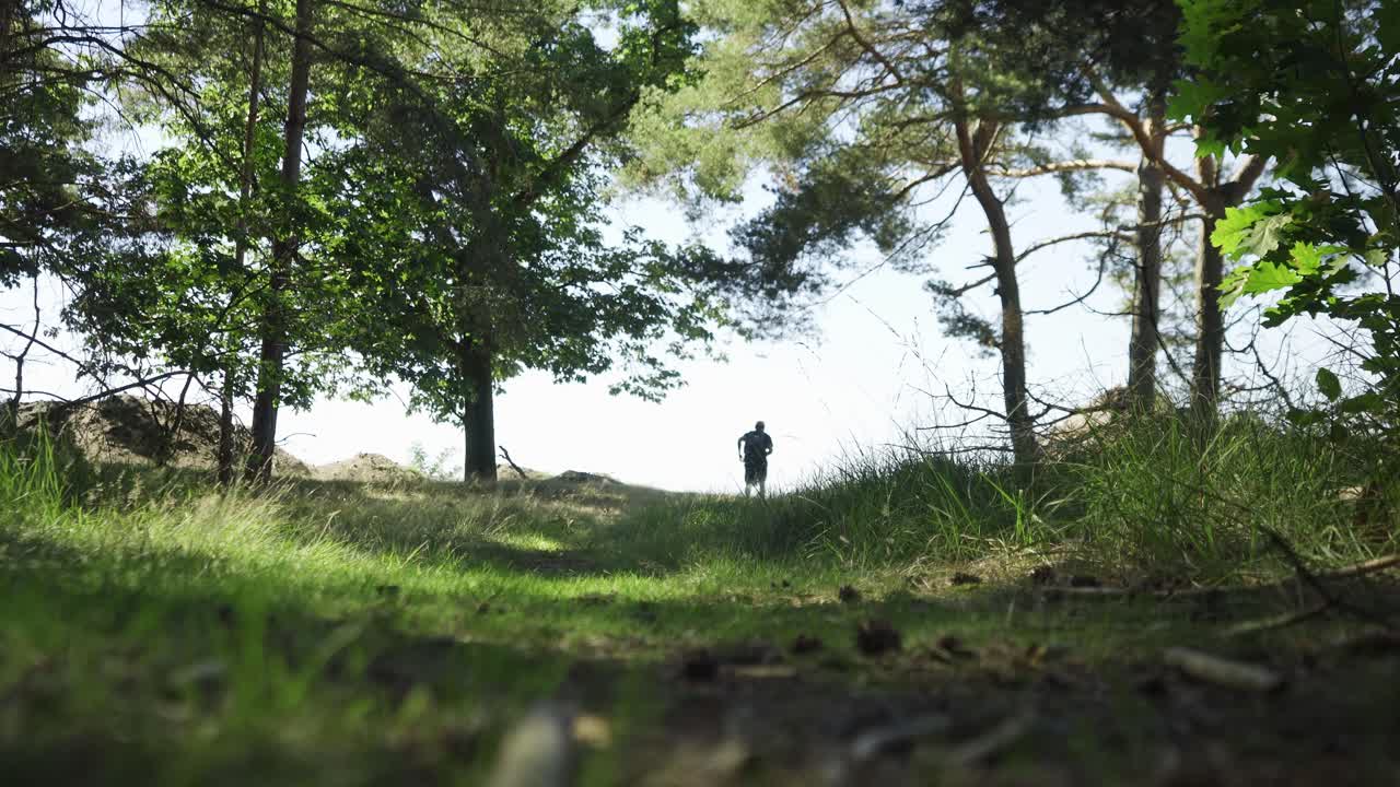벨기에 림부르크 의 숲 풍경 에서 느린 속도로 고 있는 사람
