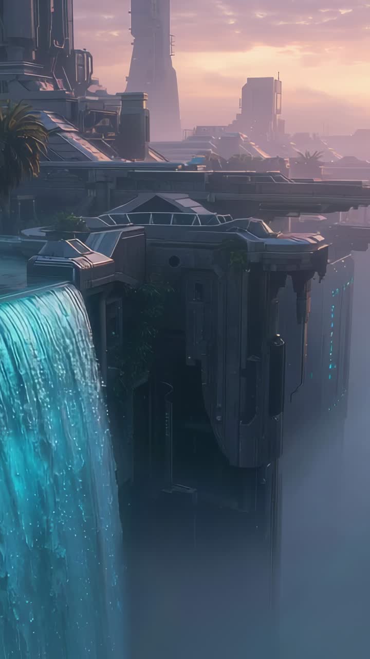 Vertical video: Cam panning right revealing waterfall pouring over rooftop to show city, copy space