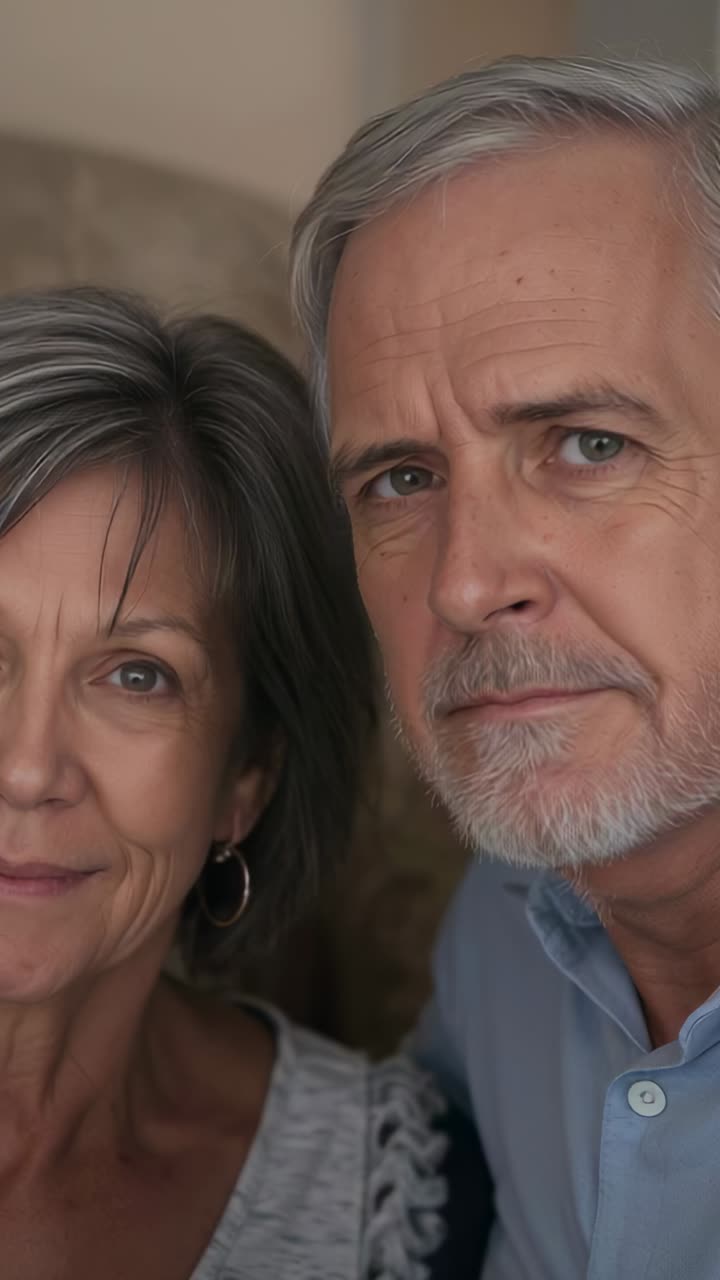Vídeo vertical: Casal sendo filmado ajustando o olhar e sorrindo em casa, com camisa azul.