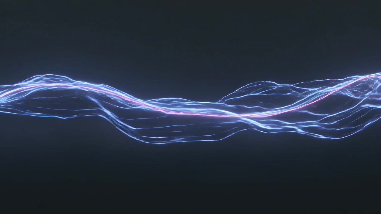 Shifting glowing energy ribbon with pink core reacting to pulse, forming filaments across dark void