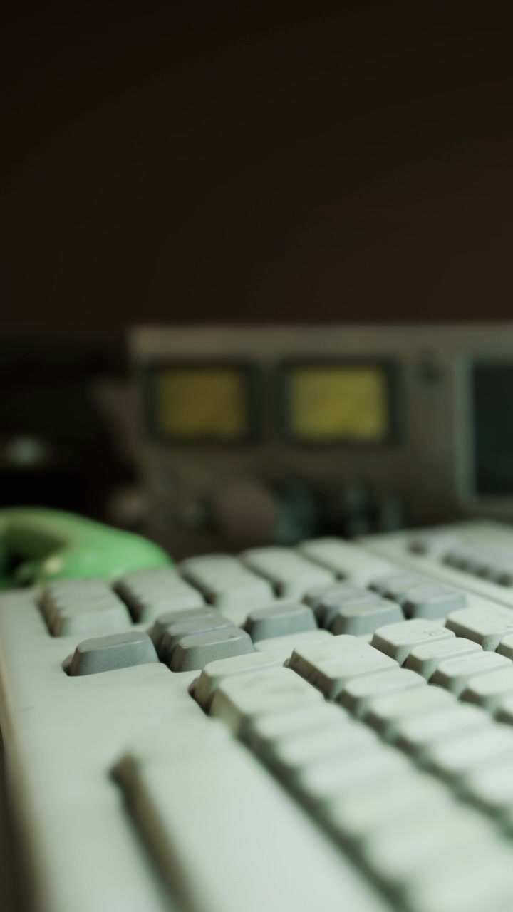 Close view of a computer keyboard and old hardware in a workspace setting
