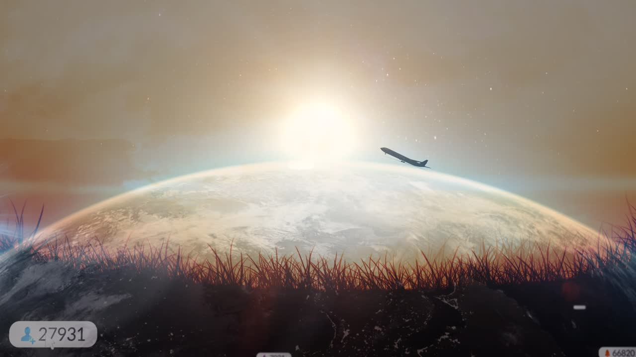 Animación de iconos de medios y césped sobre un globo terráqueo