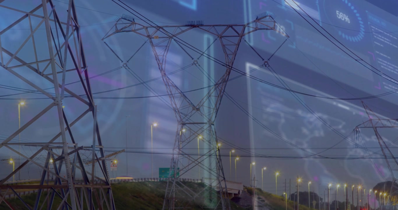 Pengambilan gambar senja awal di menara jalan raya, jejak cahaya mengalir, pengukur memudar dan memperbarui data energi