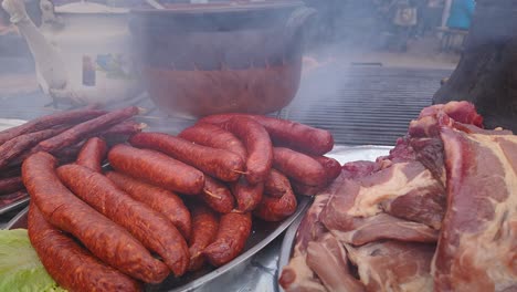 meaty sausages cook over smoky hot bbq grill at food festival