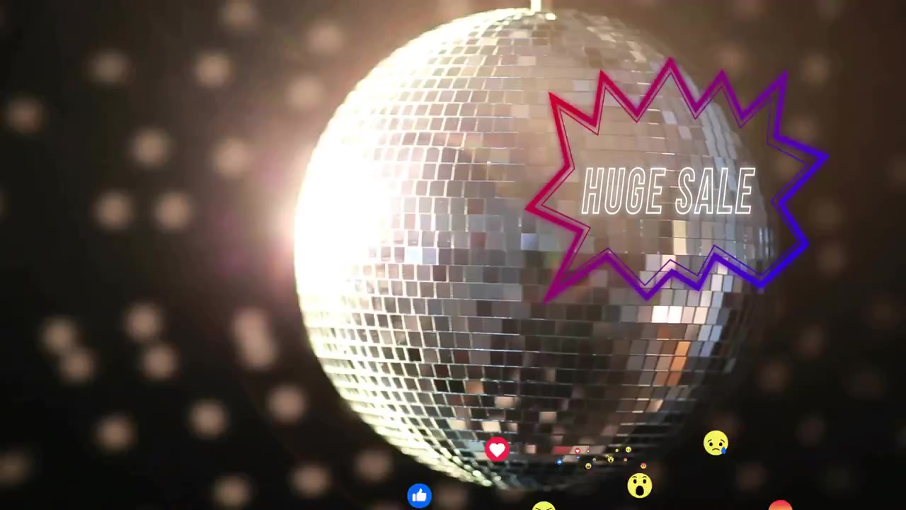 Palla da discoteca che ruota con esplosione di stelle, emoji che compaiono, luce sinistra che si accende, promuovendo GRANDI SALDI