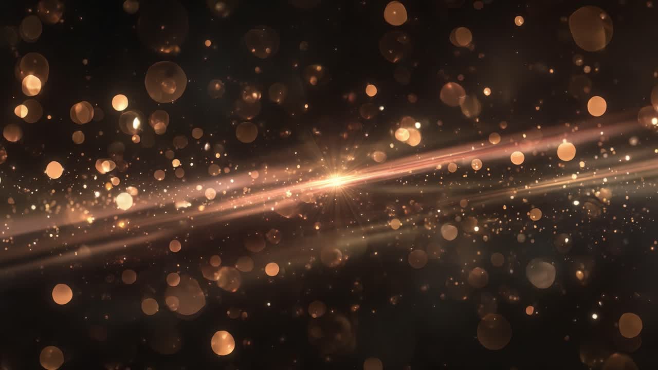 Accattivanti luci scintillanti e particelle luccicanti che creano un'atmosfera affascinante su uno sfondo scuro con effetti di movimento dinamici.