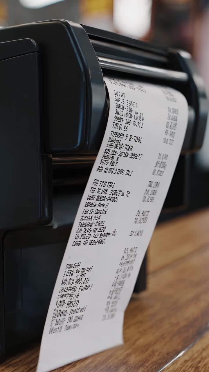 Close-up angle of a receipt printer on a wooden counter, capturing a freshly printed receipt