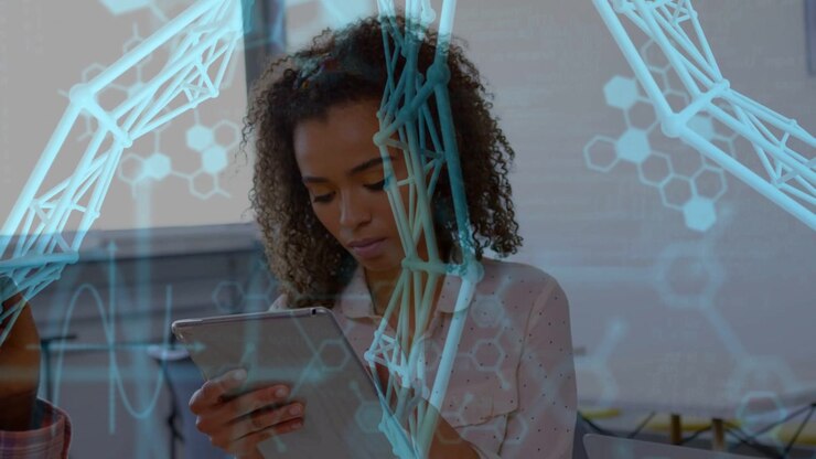 Woman tapping tablet and causing sheer blue holo mesh and code shifting while analyzing tech data