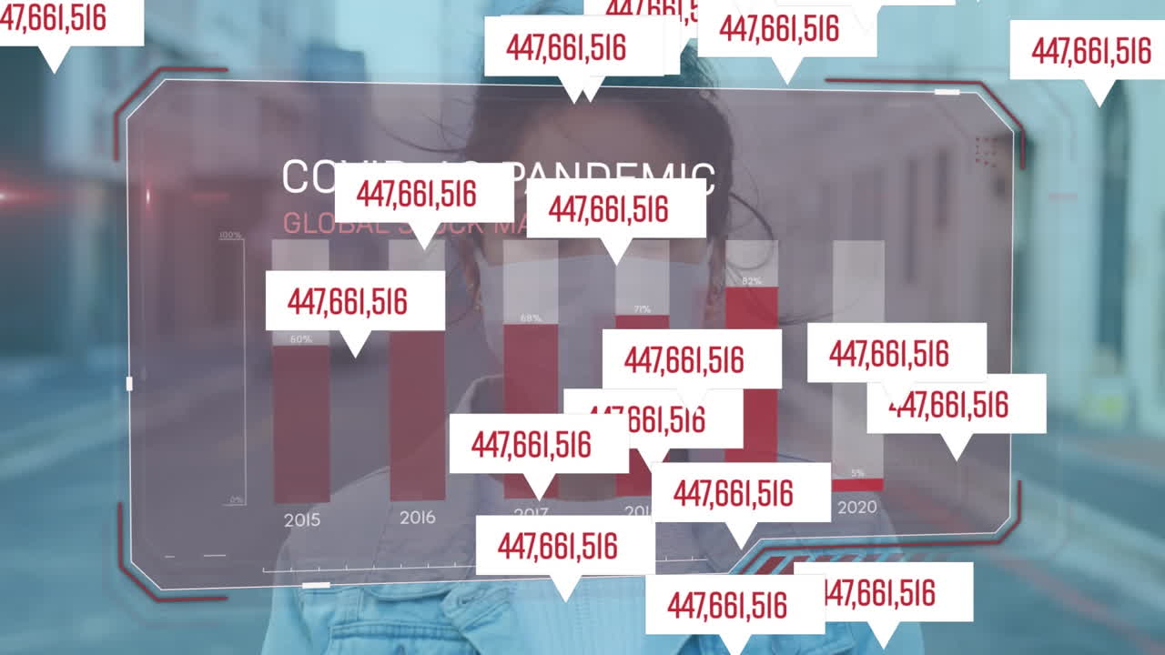 페이스 마스크를 입은 여성에 대한 코로나 19 데이터 처리 애니메이션
