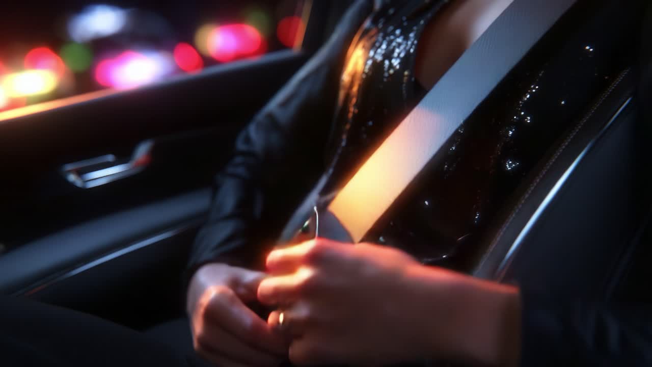 A Close-Up of a Handsome Figure Engaging with a Seatbelt in a Car, Highlighting Details of Style, Elegance, and Safety Amidst a Colorful Blurred Background Enriched by City Lights and Reflections