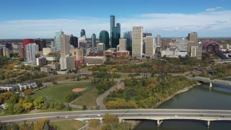 Aerial-drone-view-of-the-North-Saskatchewan-River-and-downtown-Edmonton-during-autumn-fall-as-seen-from-the-Rossdale-area