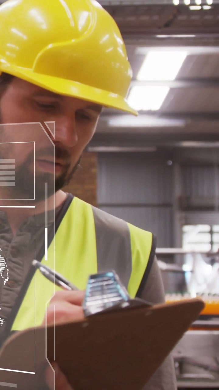 Inspector monitoring production line noticing HUD prompt raising clipboard logging quality checks