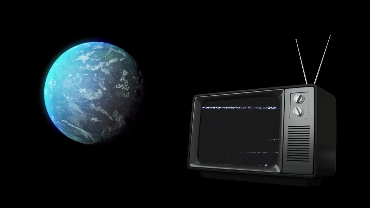 검은색 배경에 있는 빈티지 tv와 글로브의 애니메이션