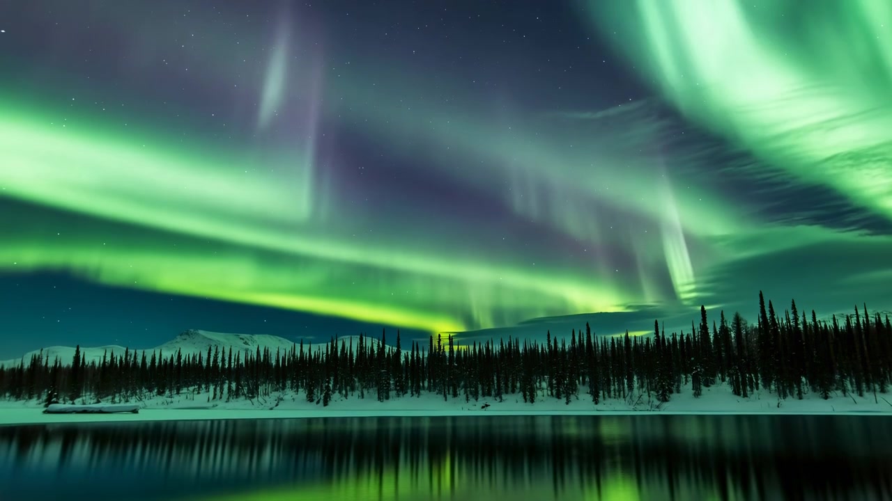 Aurora boreale su un lago ghiacciato, con vivaci tende di aurora verde che si estendono attraverso il cielo notturno stellato e si riflettono sulla superficie calma.