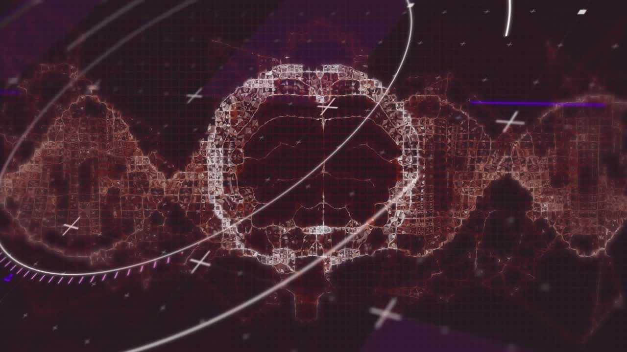 Visualizing skull-shaped grid floating inside digital HUD, displaying lateral DNA waveform modules