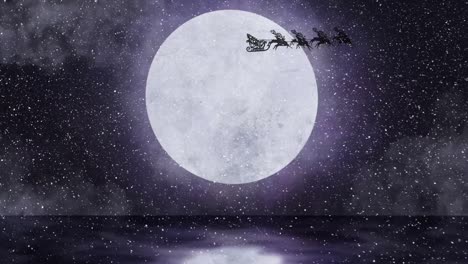 Snow-falling-over-christmas-tree-in-sleigh-being-pulled-by-reindeers-against-moon-in-the-night-sky