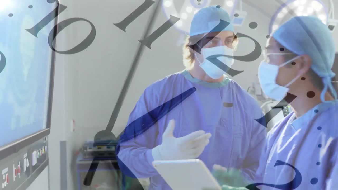 얼굴 마스크를 쓰고 논의하는 두 의사 위에서 시계가 뛰고 있는 애니메이션