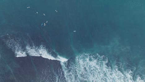 Top-Down-Slow-Motion-Drone-of-surfers-waiting-for-waves-at-low-tide-reef-with-turquoise-water-at-Bingin-Beach,-Bali,-Uluwatu-Indonesia