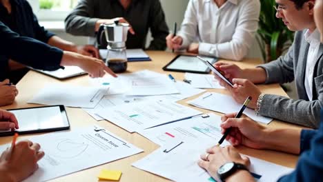 team analyzing documents in business meeting