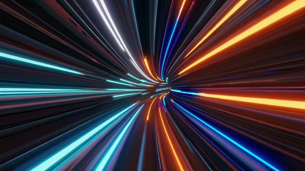 Vibrant and dynamic light trails weave together to form mesmerizing, intricate patterns as they dance through a 3D tunnel under the night sky