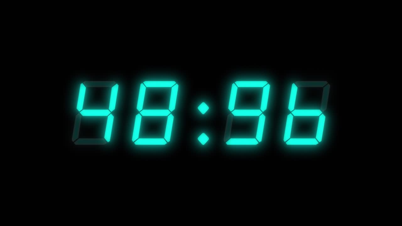 4-digits 60 seconds (1 minute) digital clock countdown timer. Cyan digits on black background. Retro digital alarm clock